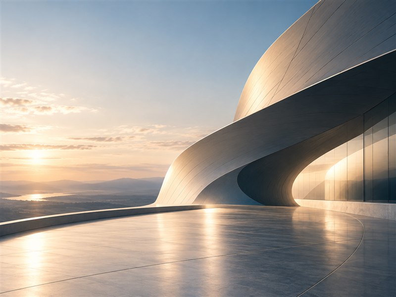 Warm light tracing a curved architectural facade