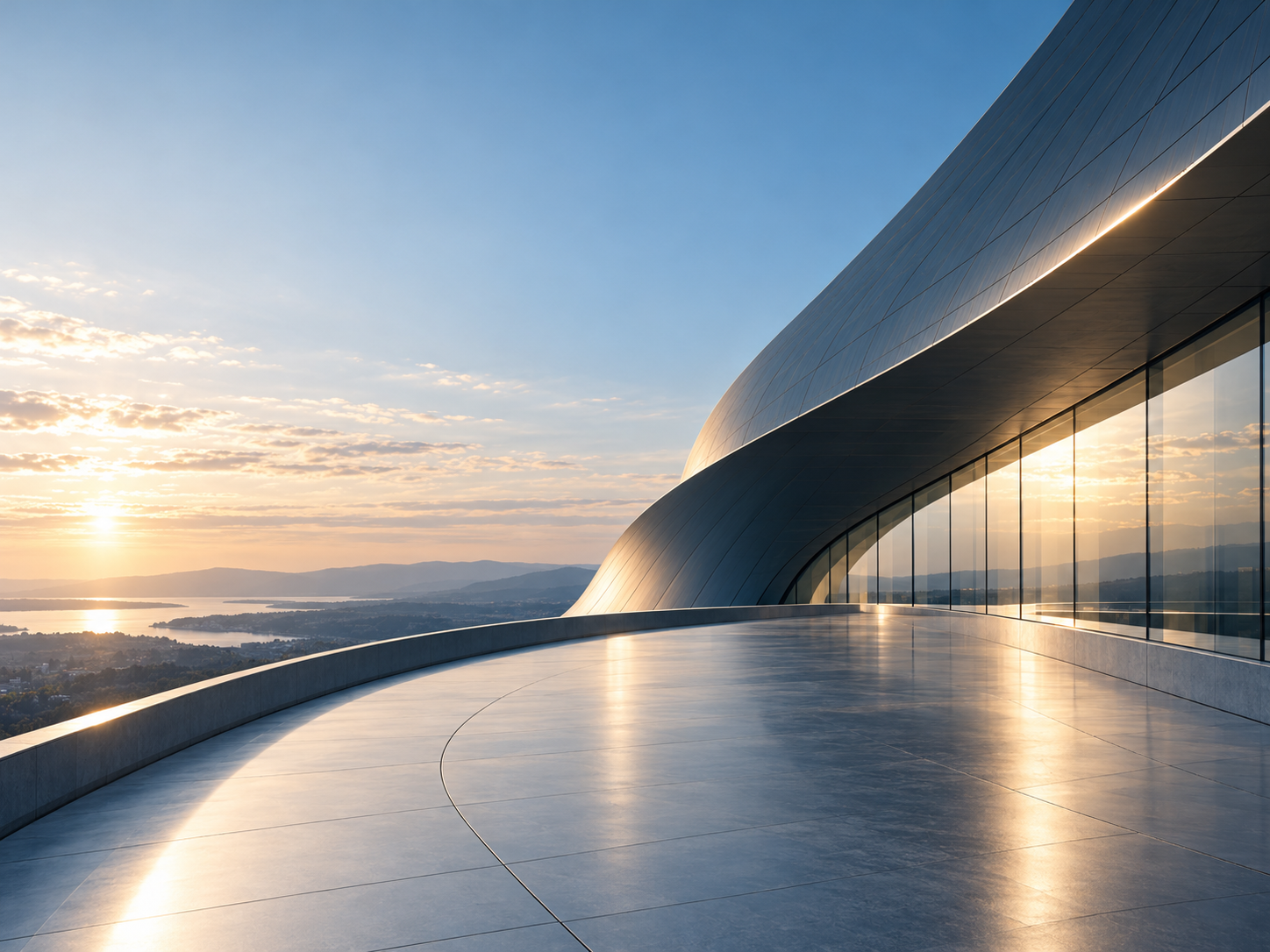 Sweeping glass architecture in deep petrol tones
