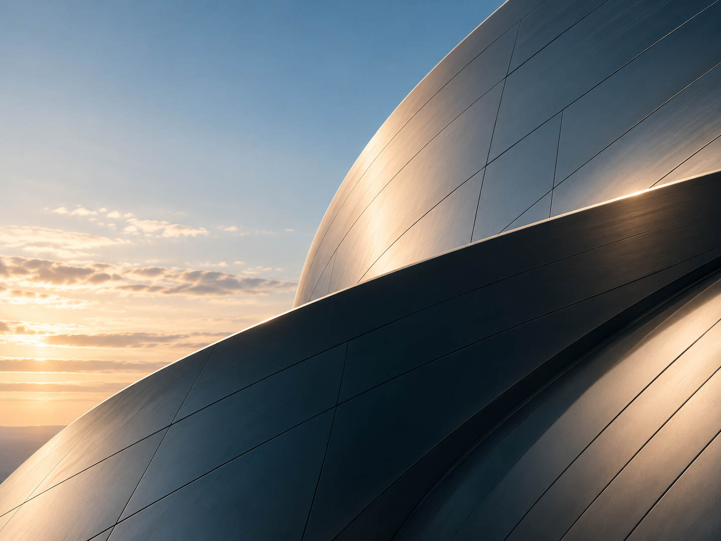 Sweeping dark metal panels against an evening sky